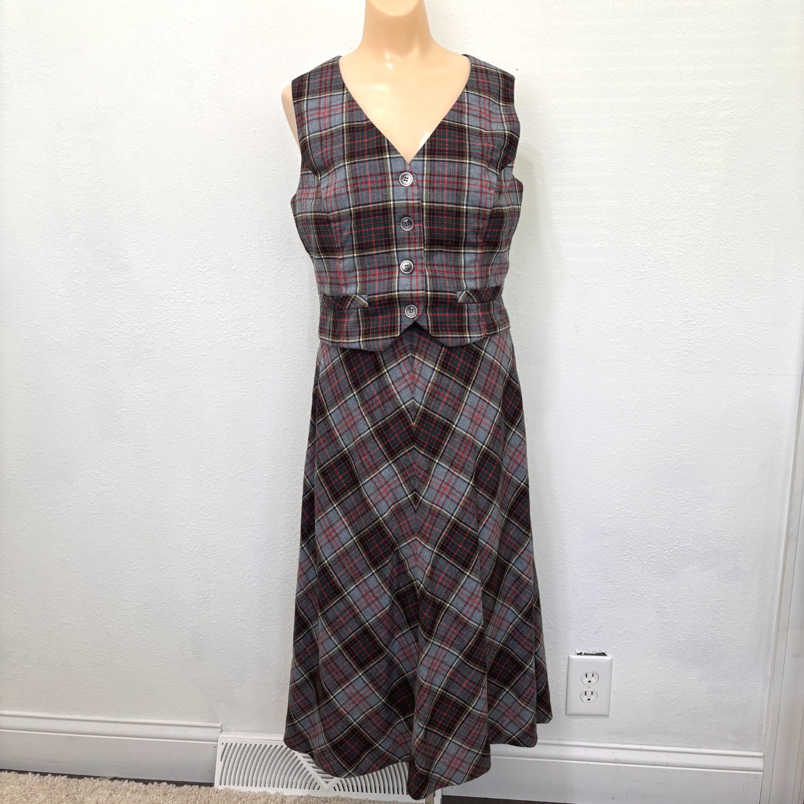 Womens Vintage Tartan Plaid Midi Skirt Vest Set Small Handmade 70s Retro Cottage