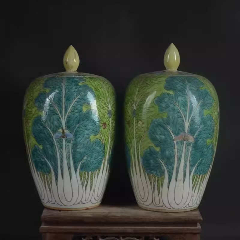 A pair Chinese Qing Kangxi Famille Rose Porcelain Cabbage Pattern Pot 7.9 A pair Chinese Qing Kangxi Famille Rose Porcelain Cabbage Pattern Pot 7.9