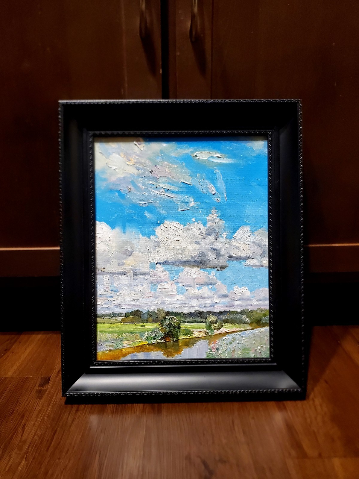 ✔Original Oil Painting Landscape  Impressionist Countryside River & Clouds 🎨 