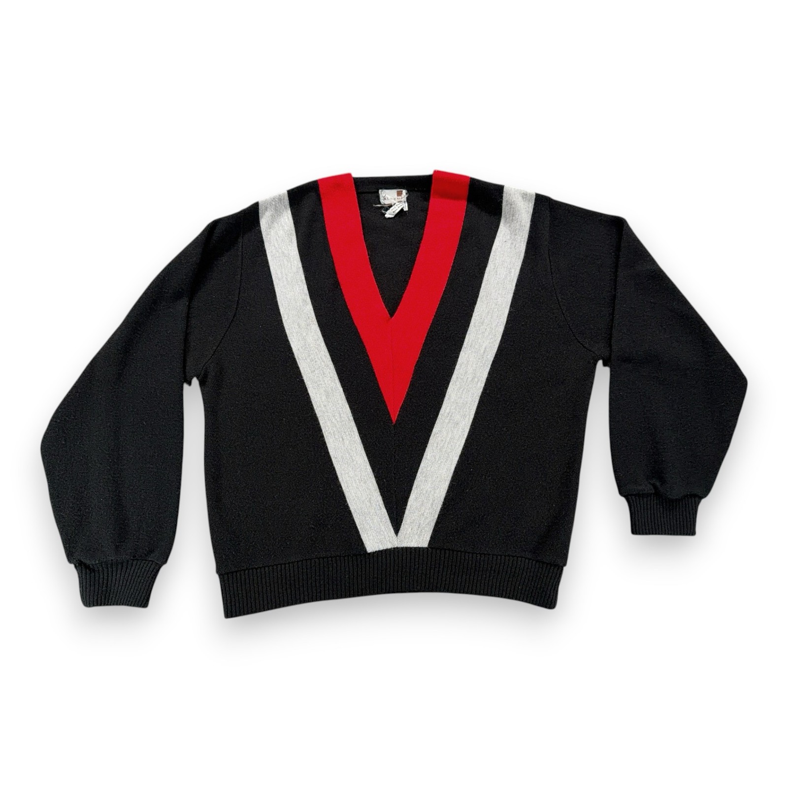 Vintage Aldens Sweater Adult LARGE Black Red V Stripe Chevron Mod Orlon USA 60s