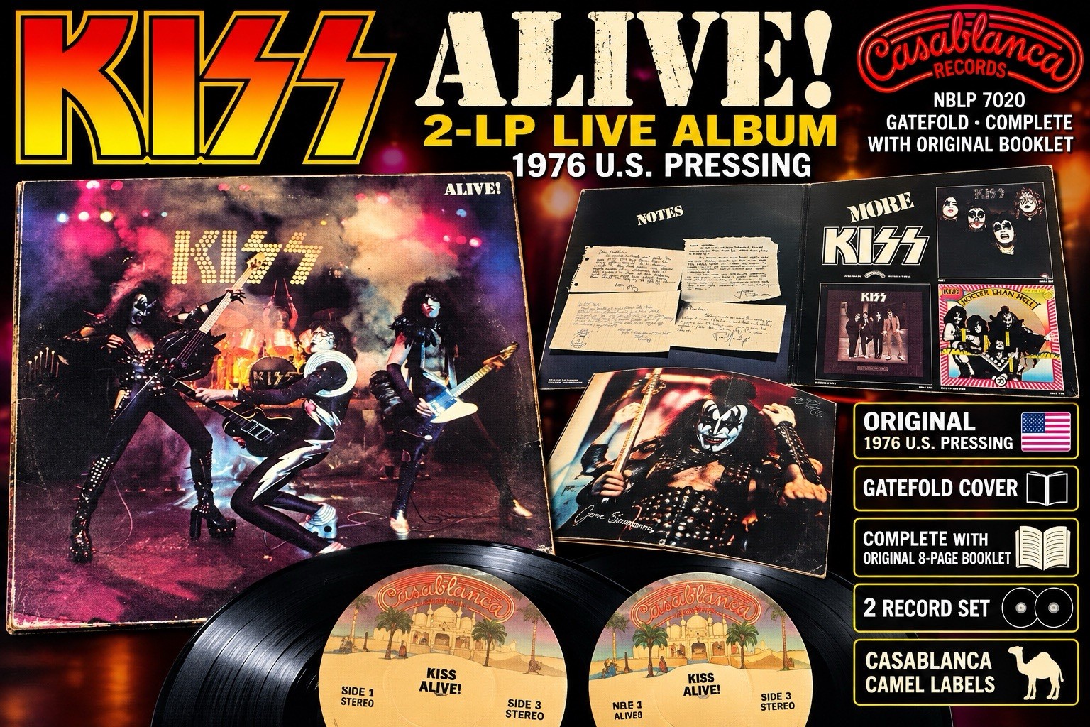 VTG KISS Alive 2LP 1976 US Casablanca NBLP 7020 Camel Label & Booklet Gatefold