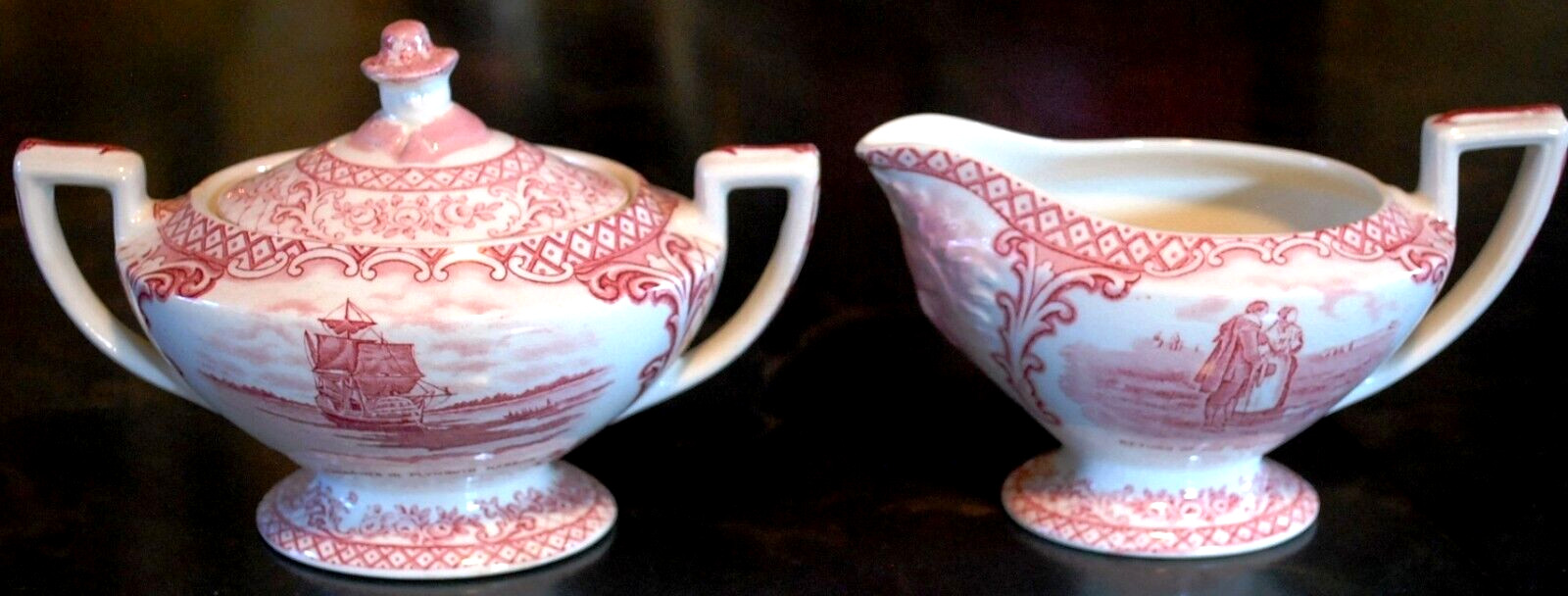 Antique SUGAR & CREAMER SET Crown Ducal England \'Colonial Times\' PINK SCALLOPED