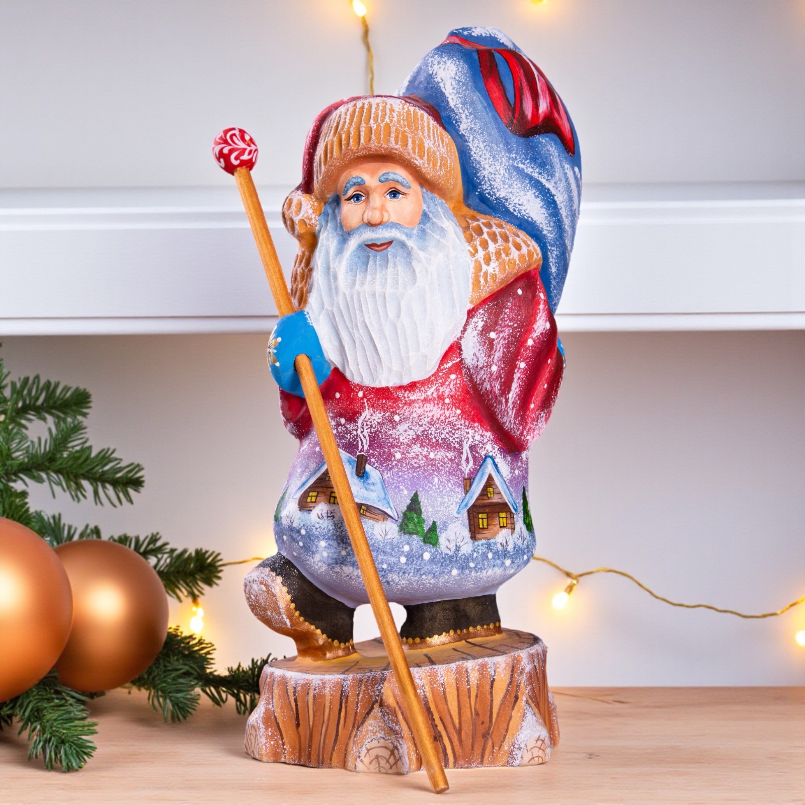 Hand carved Santa Claus figurine 10 inch, village landscape