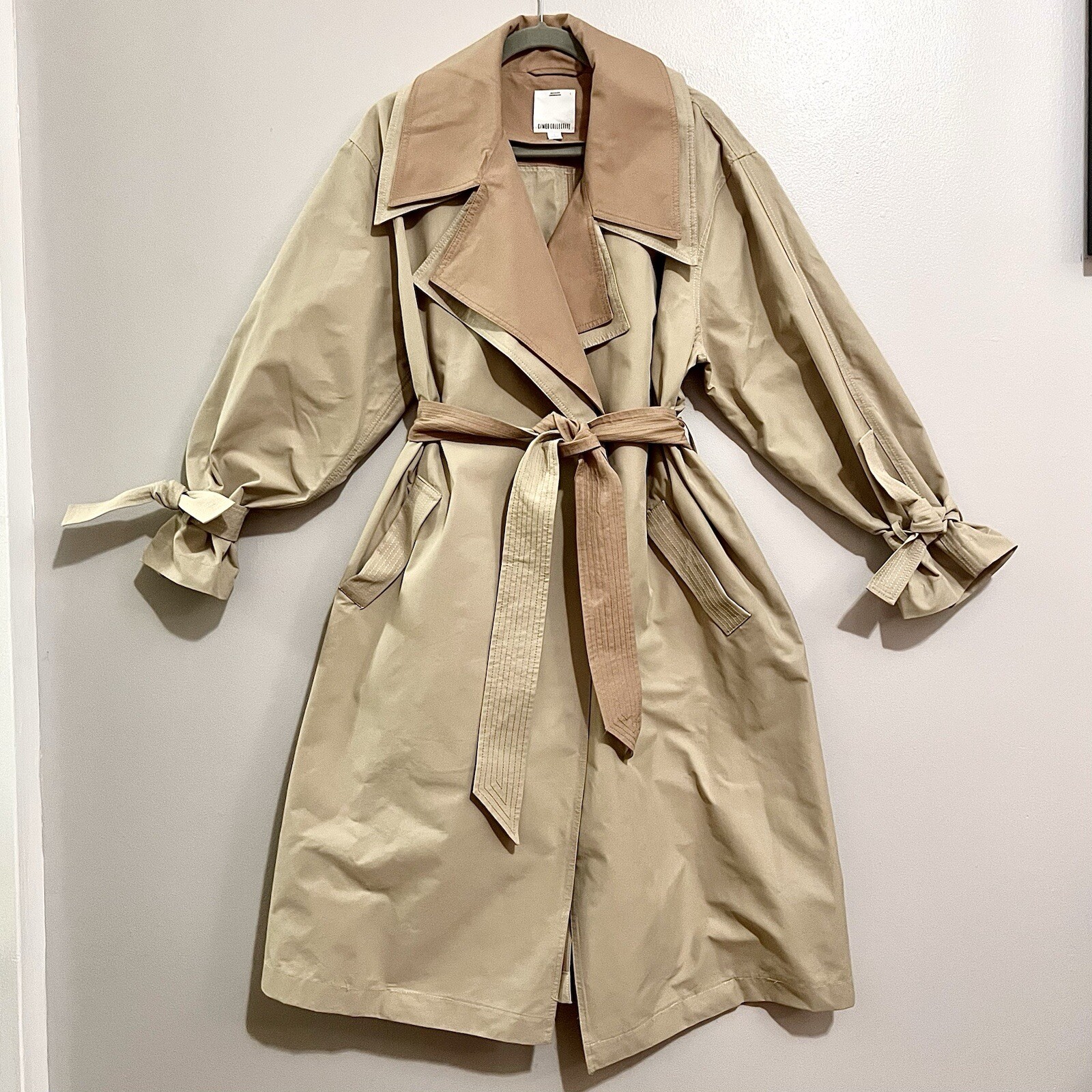 NWOT RARE C/MEO Collective Elsewhere Dual Lapel Trench Coat in Beige MSRP$360