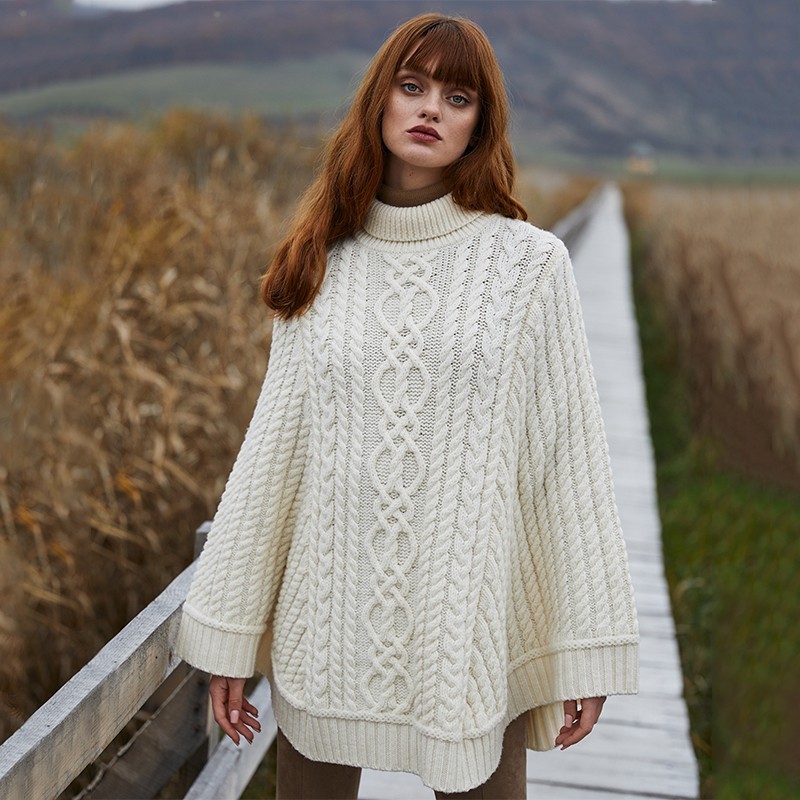 SAOL 100% Merino Wool Irish Poncho Cable Knit Winter Cape, Made in Ireland