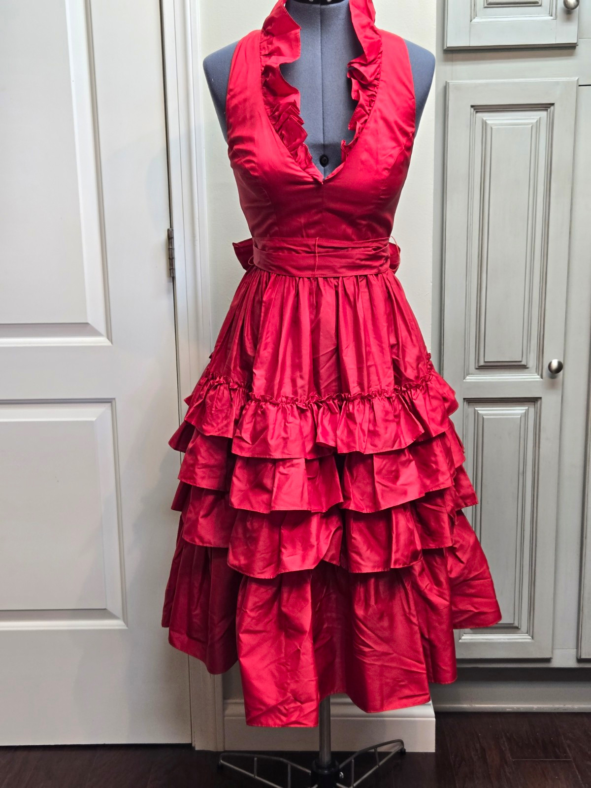 Vtg 80\'s TD4 by Eletra Vintage Red Halter Ruffle Tier Belted Fit & Flare Dress S