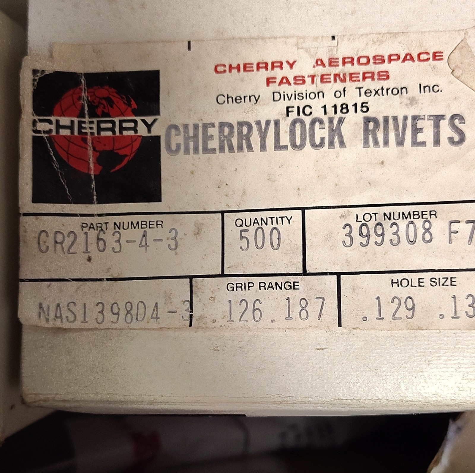 CherryMax CR2163-4-3 Aluminum Blind Rivets 0.126-0.187 Grip Lot size 100pcs CherryMax CR2163-4-3 Aluminum Blind Rivets 0.126-0.187 Grip Lot size 100pcs