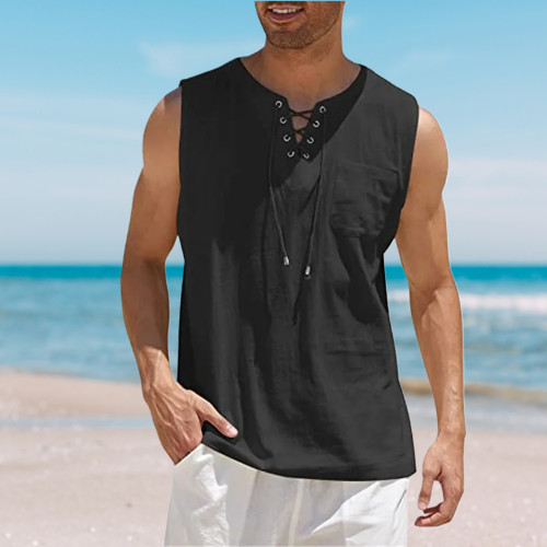 Men's Sleeveless Shirt Tank Top Lace Up Cotton Casual Plain Summer Vest 5 COLORS