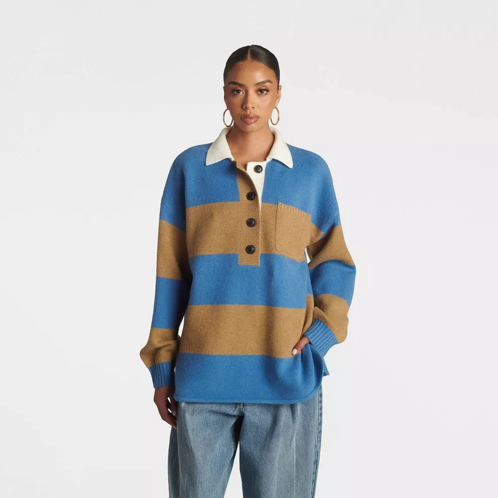 KBB by KAHLANA Women\'s Long Sleeve \'The Crys Rugby Shirt\' - Blue/Camel Striped S