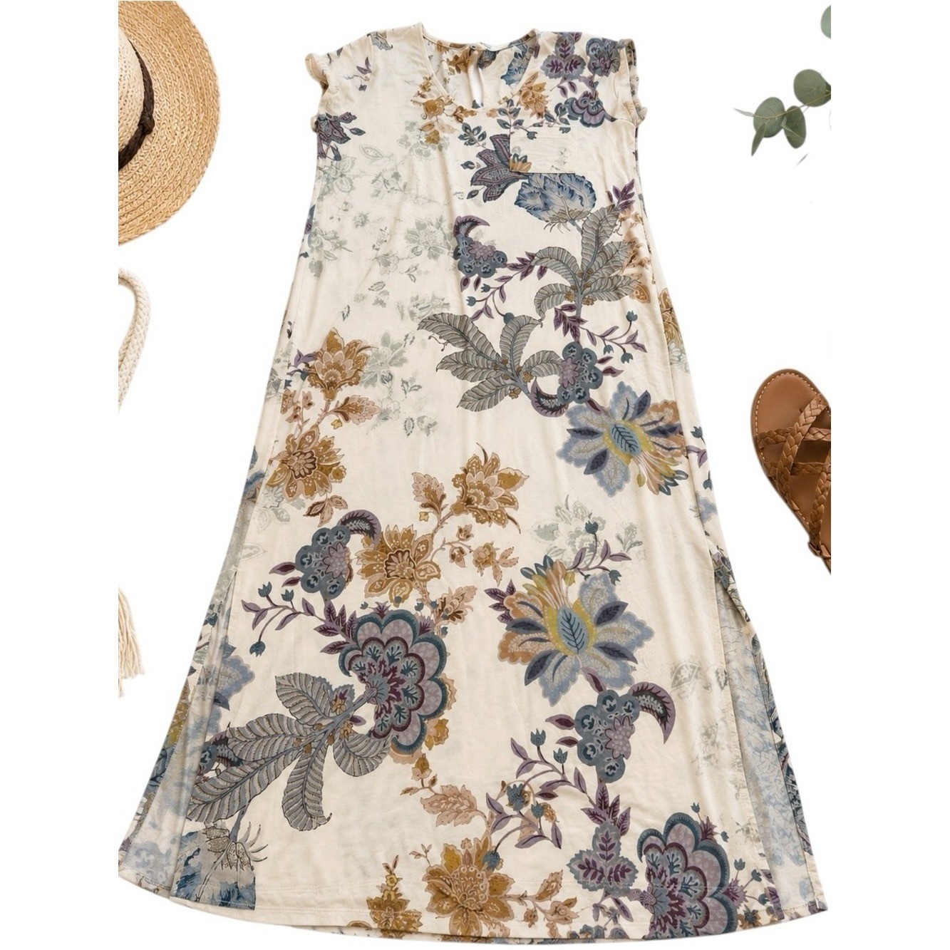 Soma Intimates Floral Maxi Nightgown Dress M Cream Blue Purple Boho Lounge EUC