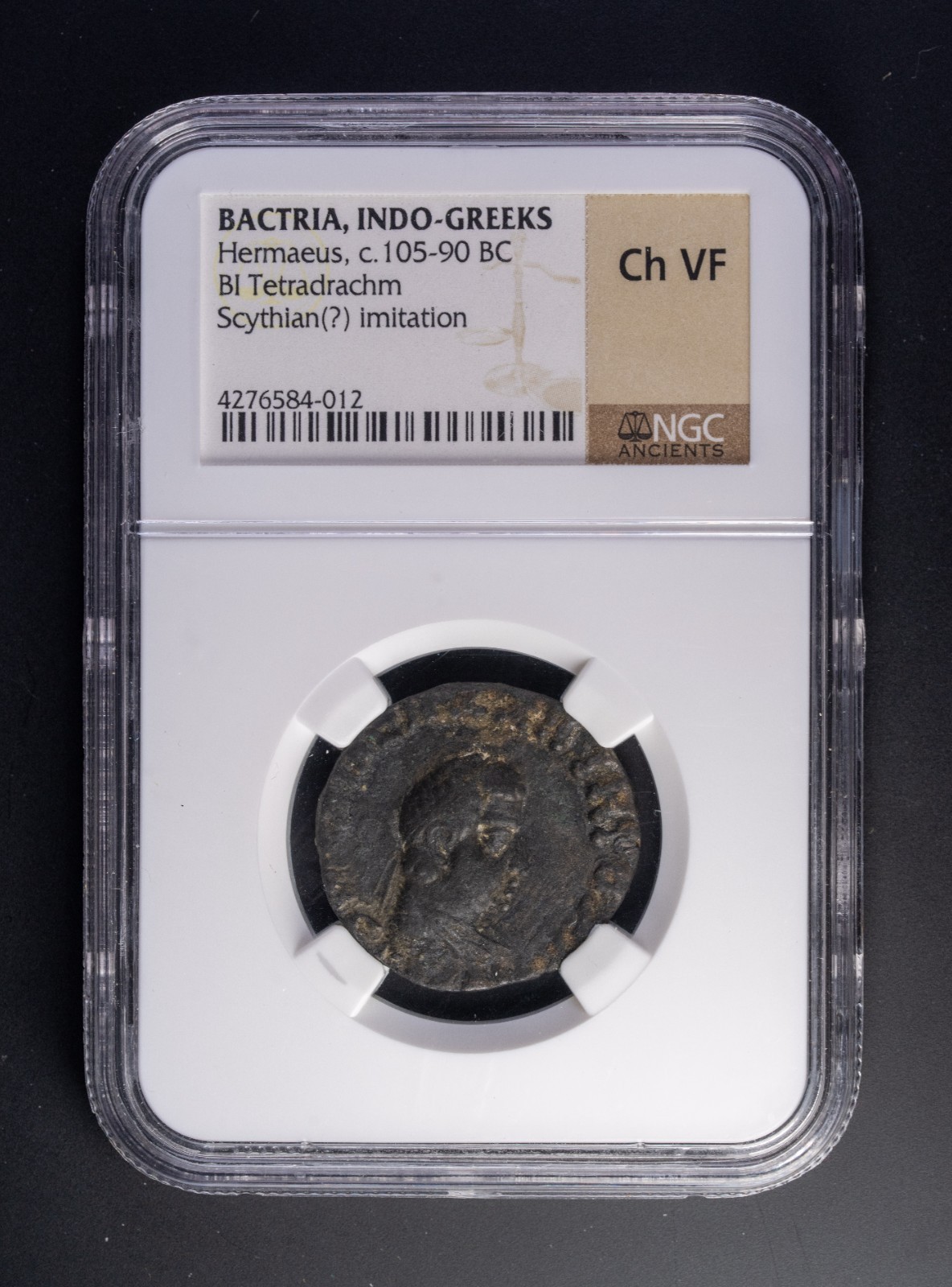 c105-90 BC Hermaeus Bactria Indo-Greeks Coin Bi Tetradrachm NGC CH VF RB012