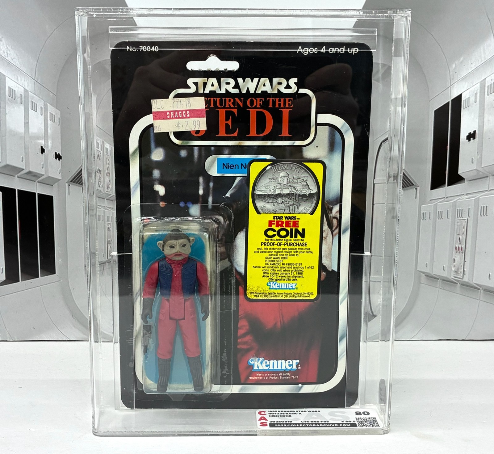 Vintage Star Wars 1983 Kenner Nien Nunb Boba Fett Coin Offer Graded CAS 80
