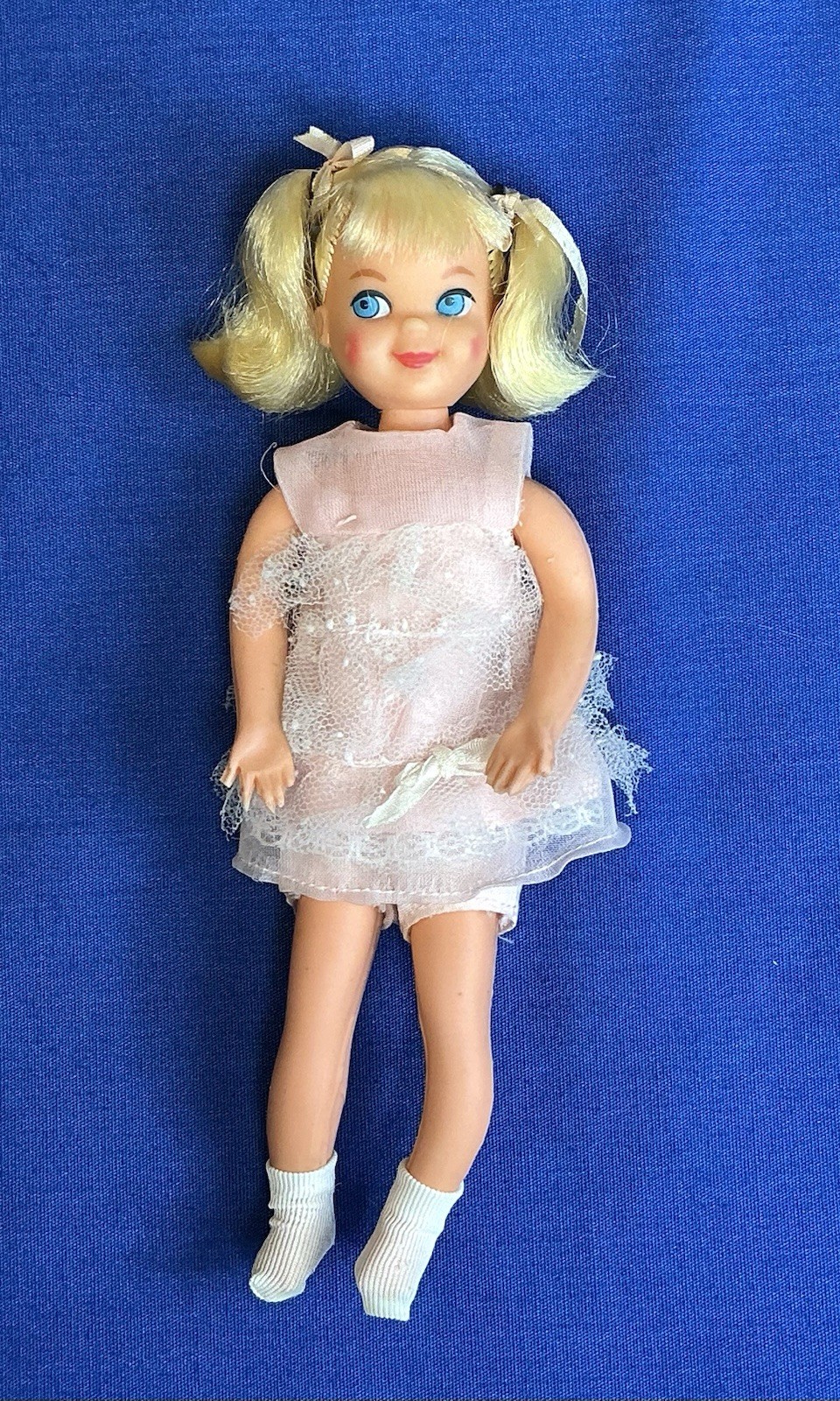 Vintage Tutti Doll Melody in Pink Barbie Blonde Tagged Dress White Socks 1965
