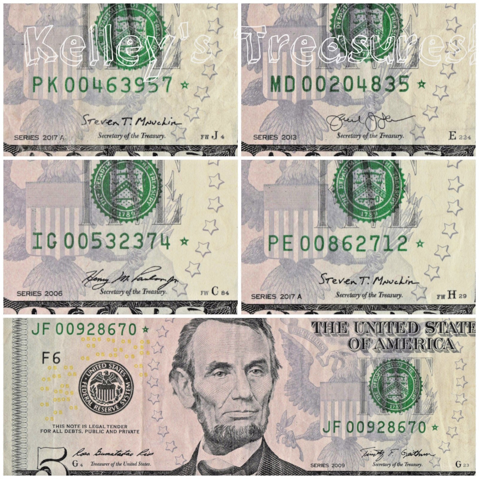 Lot of Five Star Notes Five Dollar Bills w/Years 2006,2009, 2013, 2017A Lot of Five Star Notes Five Dollar Bills w/Years 2006,2009, 2013, 2017A