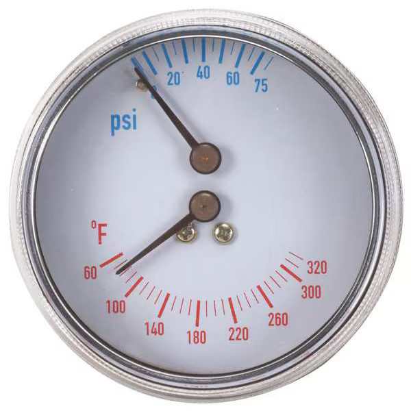 Manufacturer Varies Boiler Gauge, Round, 0-75 PSI, 60 to 260 F, Window:
