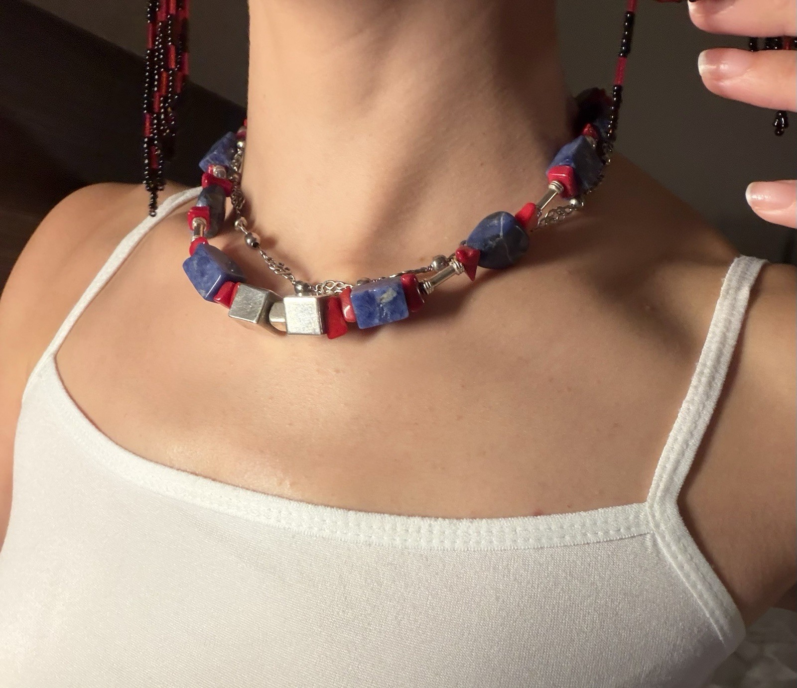 Vintage 950 Fine Silver Lapis Lazuli Red Coral Statement Necklace 58.3g 16\