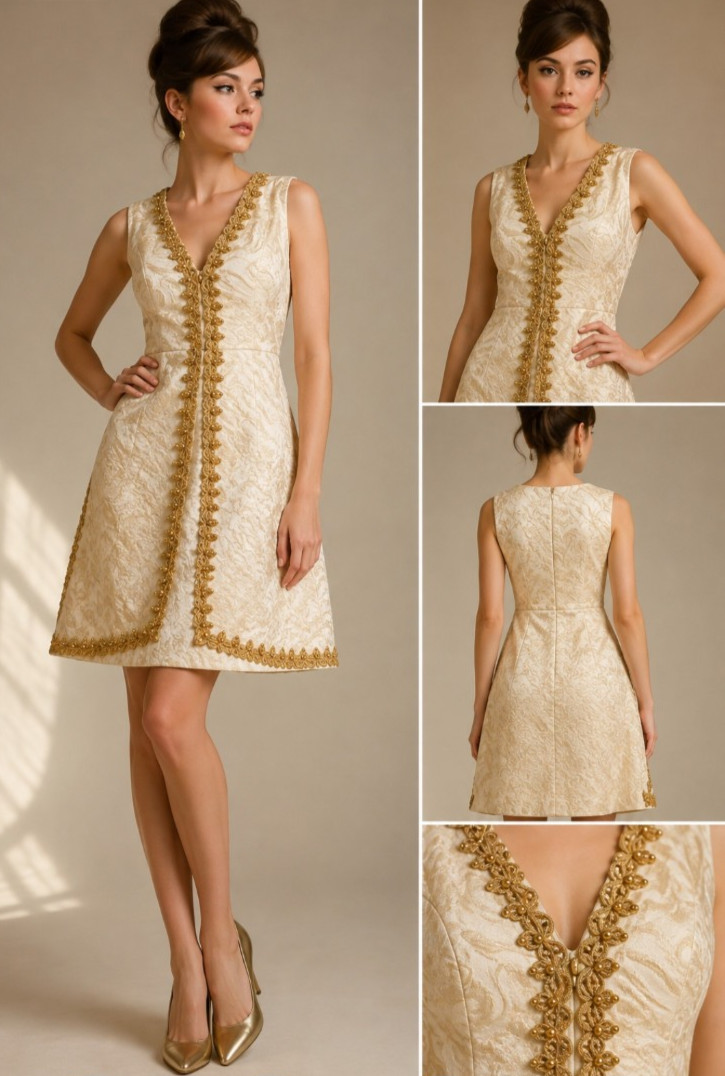 Vintage 1960s 70s Ivory Gold Brocade Dress | ILGWU Union Made | Metallic Jacquar