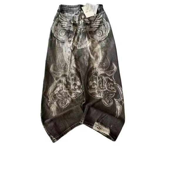 Y2K Baggy Black Denim Jeans White Gothic Tribal Graphic Wide Leg