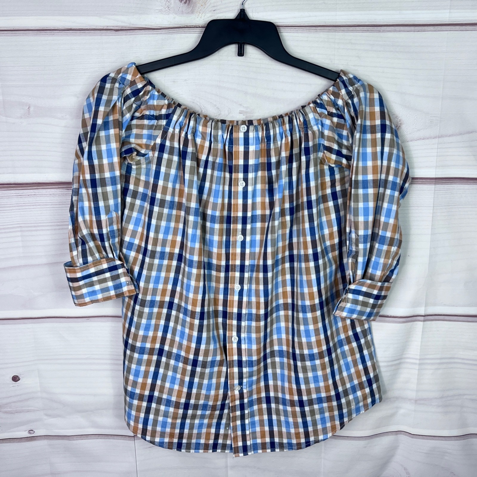 KMJ Kate McHale Jensen Top Womens M Blue Orange Plaid Shirt Off The Shoulder