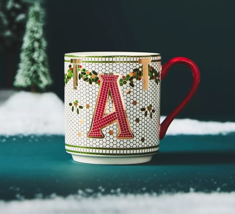 Anthropologie Festive Bistro Tile Stoneware Monogram Mug Letter \
