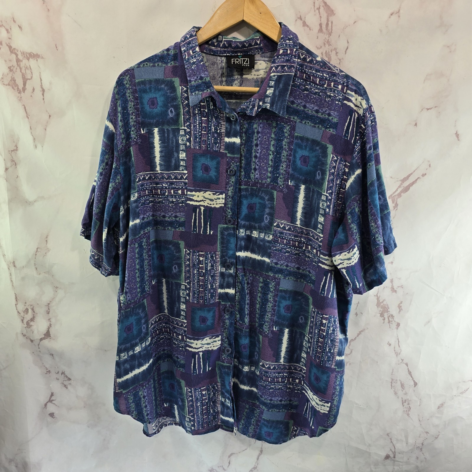 Vintage Rayon Shirt Womens 3X Blue Purple Button Up Camp Short Sleeve 80s 90s Vintage Rayon Shirt Womens 3X Blue Purple Button Up Camp Short Sleeve 80s 90s