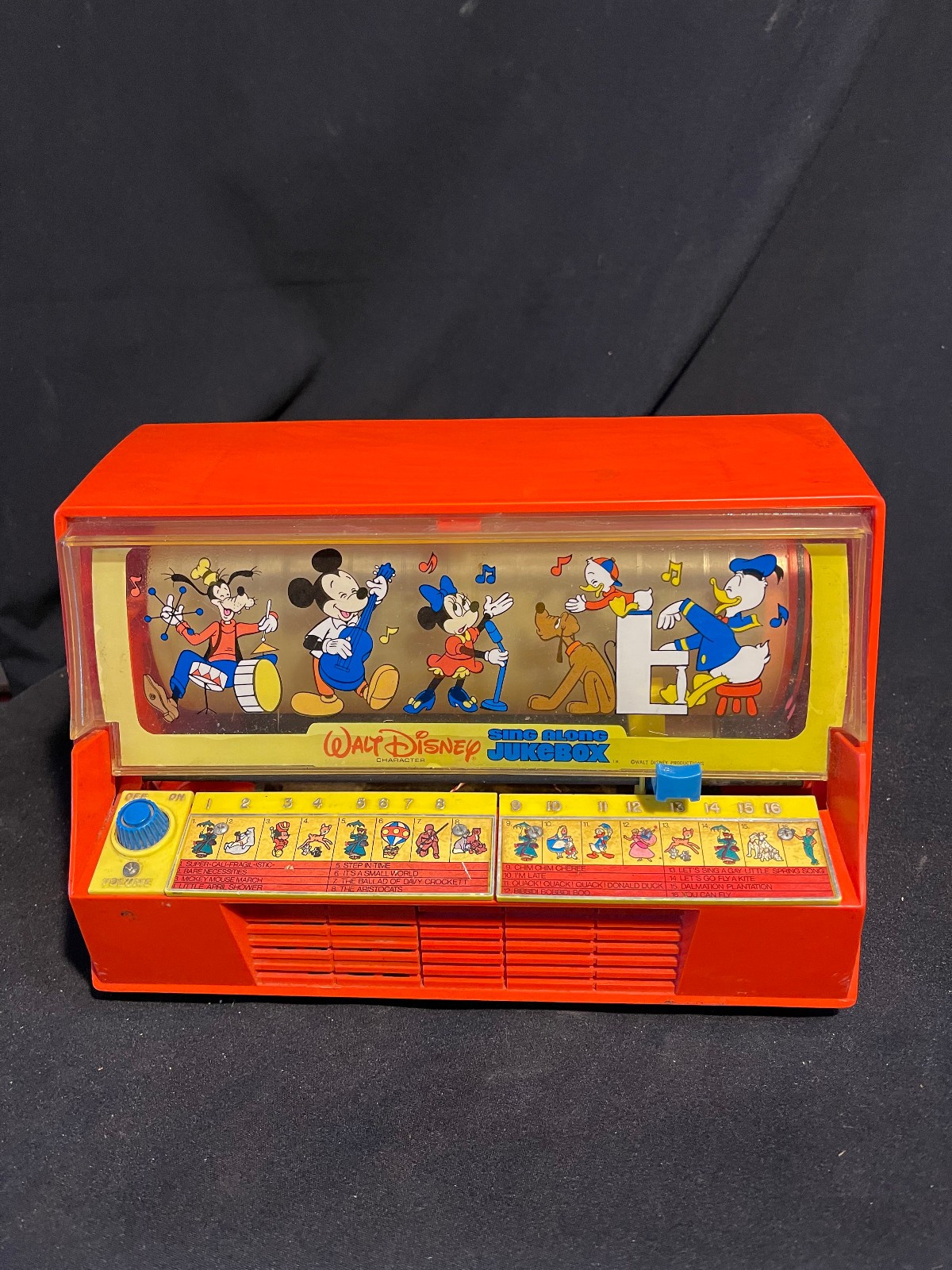 Working Vintage Walt Disney Sing Along Jukebox Toy Mickey Mouse 16 Song Orange