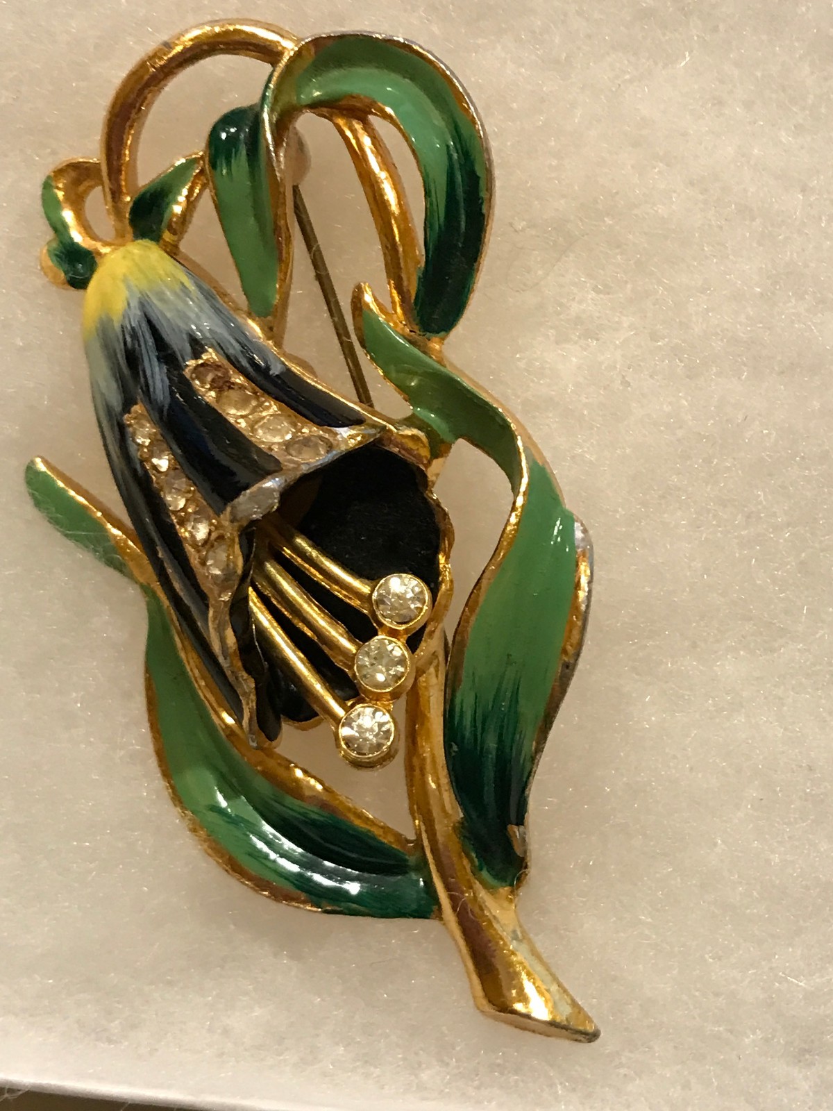 Vtg 1940s CORO Enamel Bell Flower Trembler Brooch, Adolph Katz Vtg 1940s CORO Enamel Bell Flower Trembler Brooch, Adolph Katz