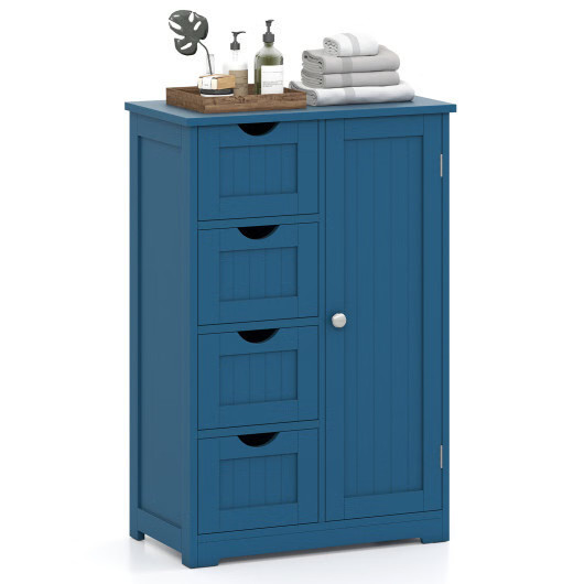 Costway Free-Standing Wooden Cabinet with 4 Drawers and Door Cabinet-Blue - Colo Costway Free-Standing Wooden Cabinet with 4 Drawers and Door Cabinet-Blue - Colo