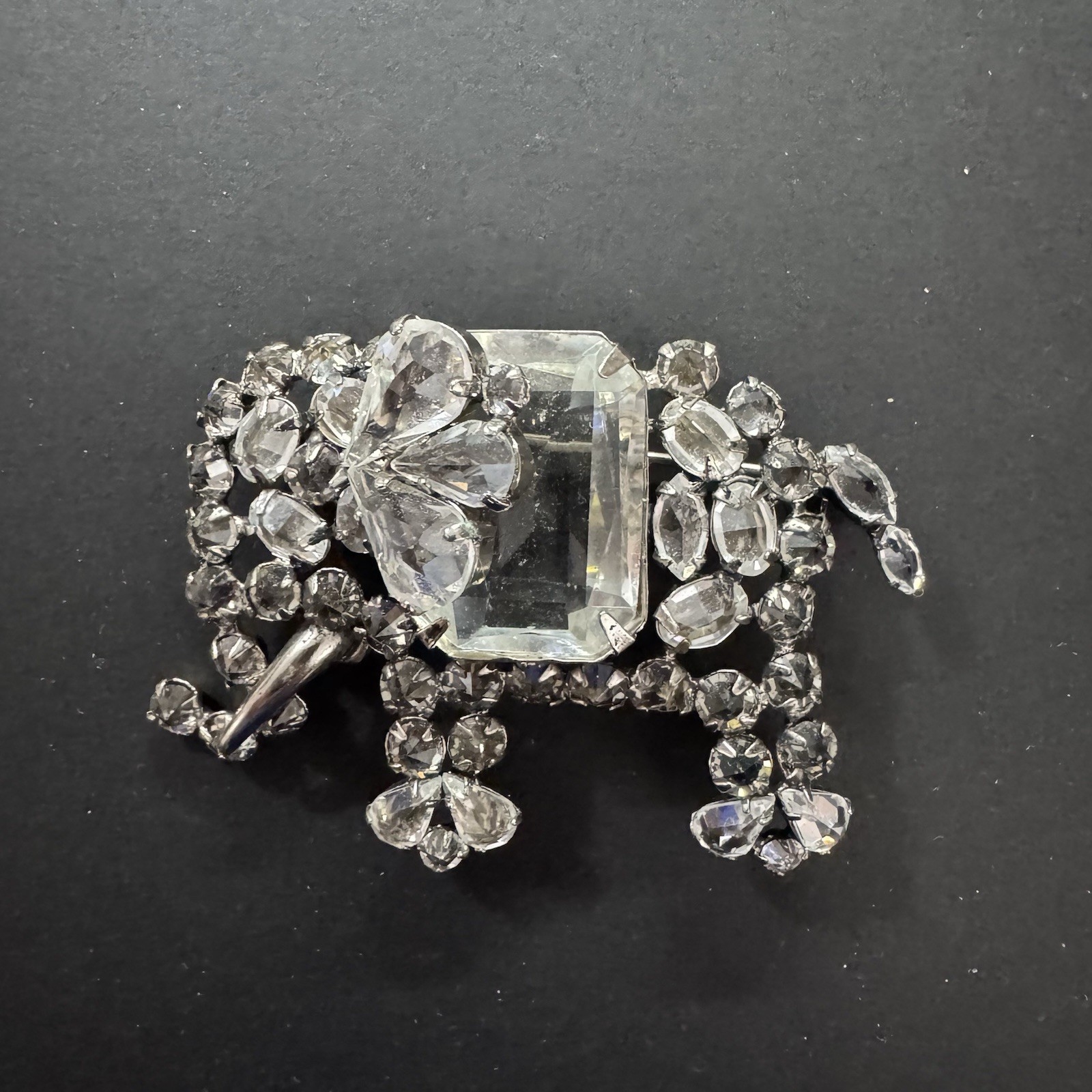 SCHREINER NY Vintage Clear Crystal Elephant Brooch Verified Unsigned Inverted