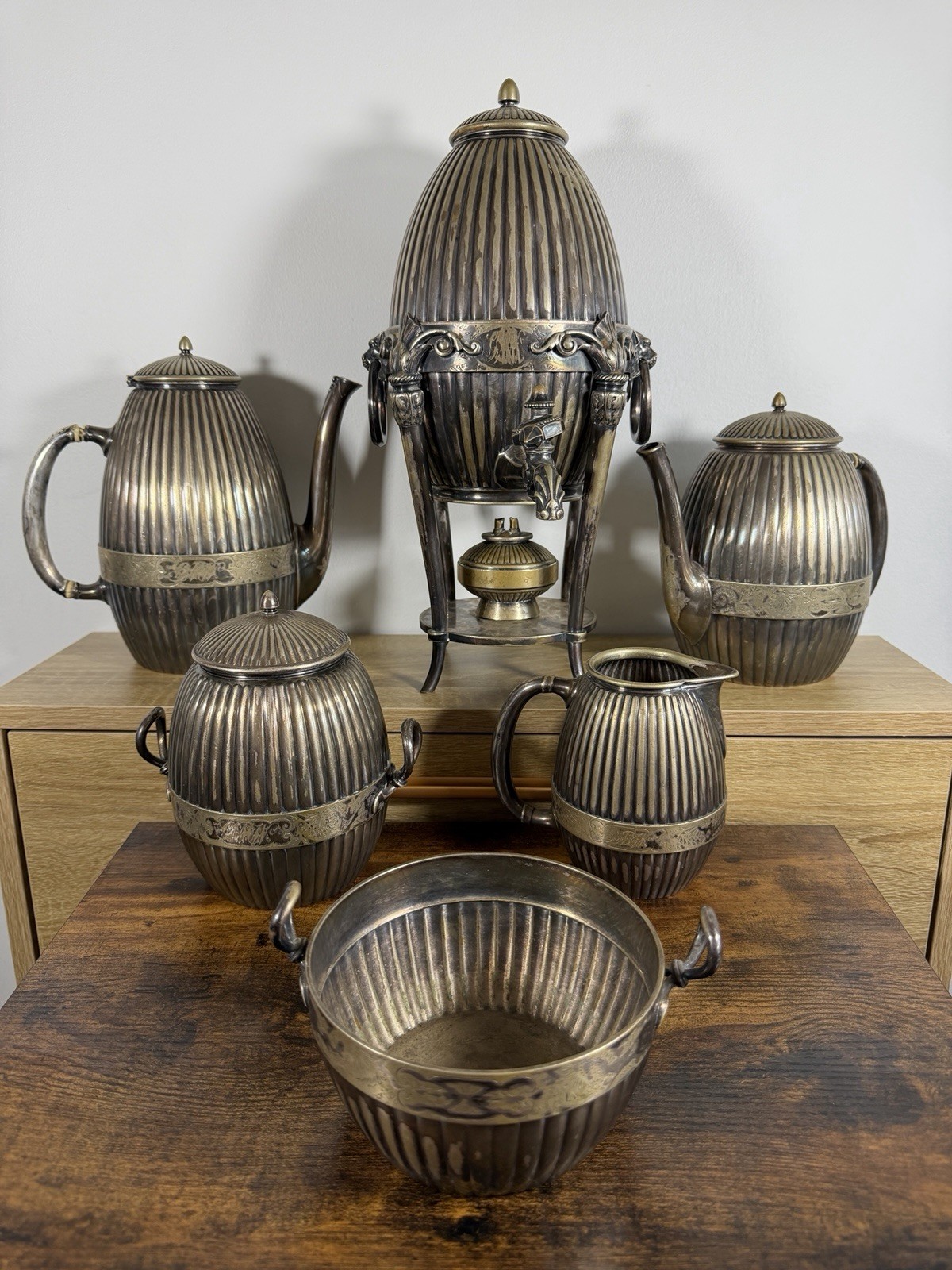 Antique Gorham 0170 Silver Soldered Tea Coffee Service Urn Burner 7pc c1870