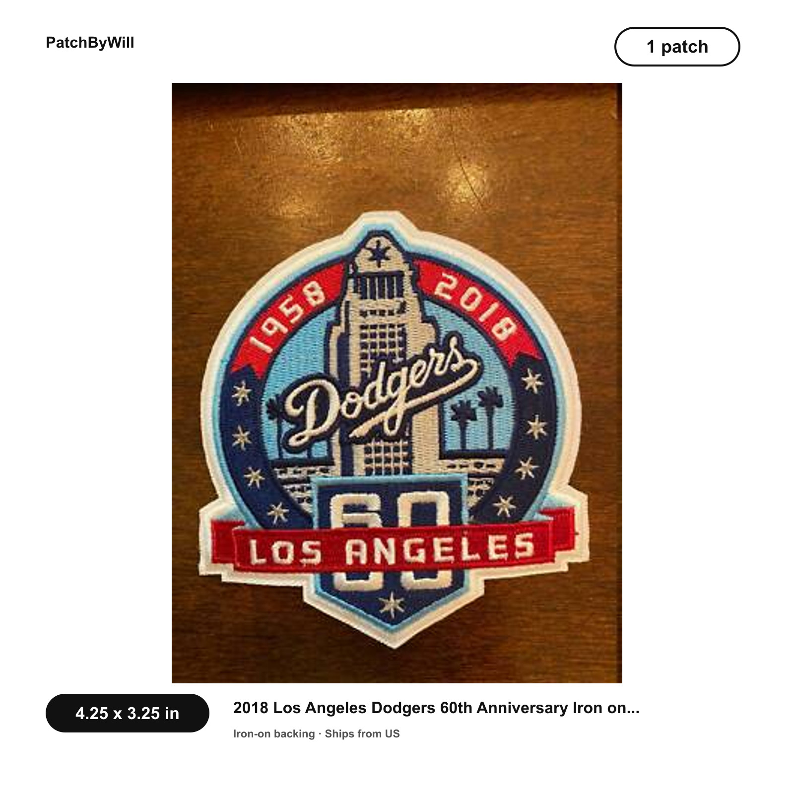 2018 Los Angeles Dodgers 60th Anniversary Iron on Patch - 4.25\