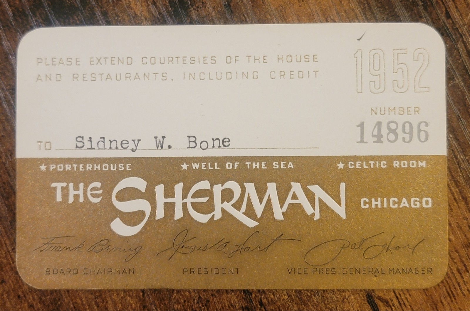 Vintage 1952 The Sherman Hotel Paper Credit Charge Card - Chicago Ephemera Vintage 1952 The Sherman Hotel Paper Credit Charge Card - Chicago Ephemera