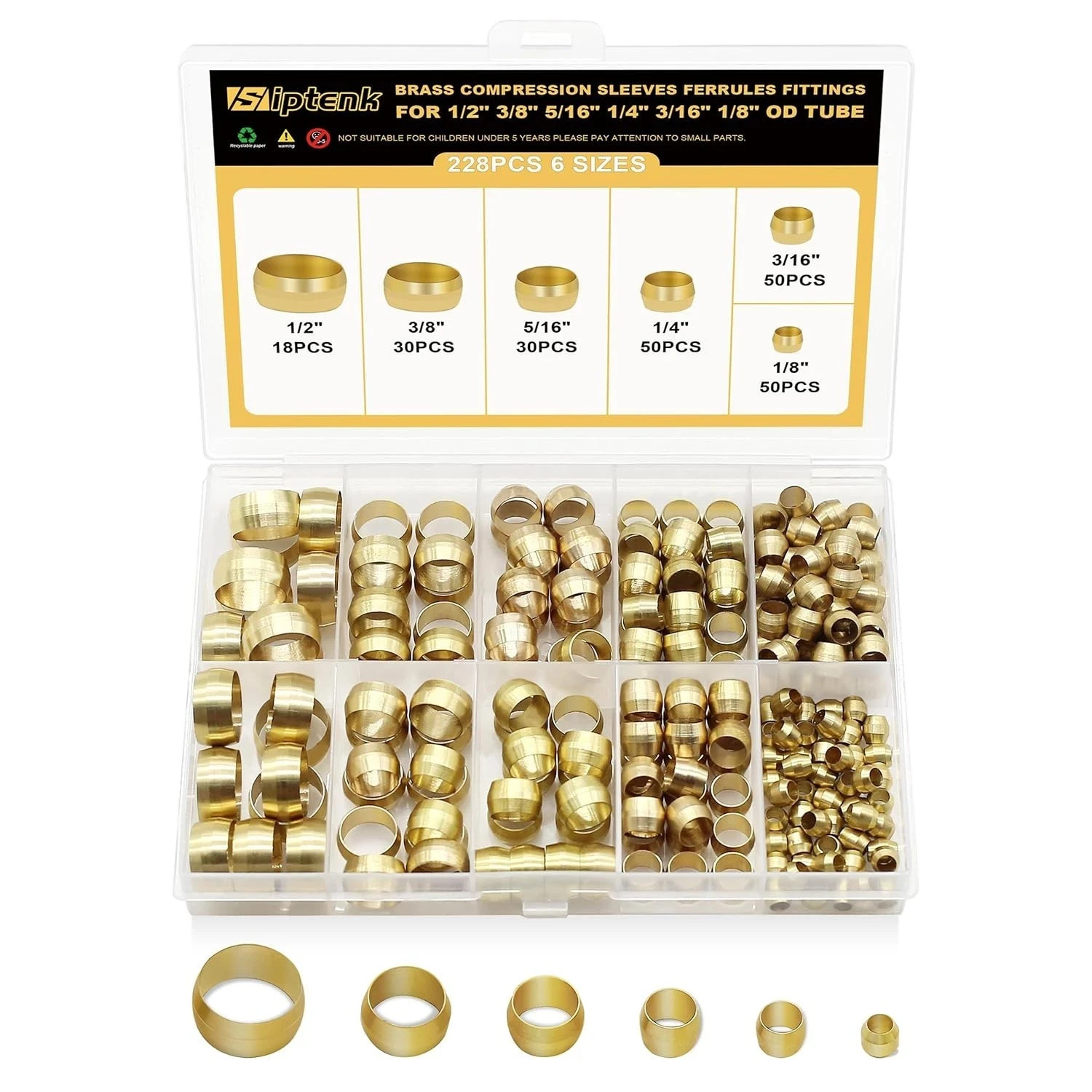 228PCS Brass Compression Ferrules Kit 6 Sizes for Air Brake Hose Tubing 228PCS Brass Compression Ferrules Kit 6 Sizes for Air Brake Hose Tubing