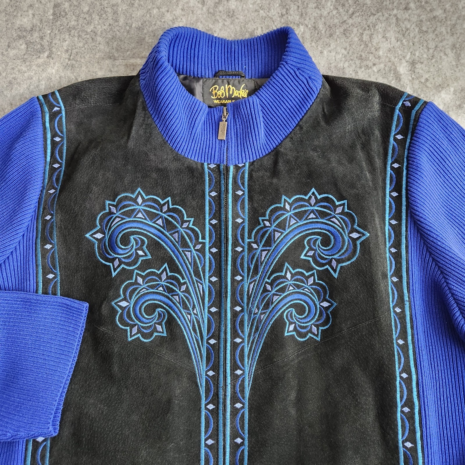 NWT Bob Mackie Wearable Art 100% Leather Western Jacket Women\'s 3X Black Blue NWT Bob Mackie Wearable Art 100% Leather Western Jacket Women\'s 3X Black Blue