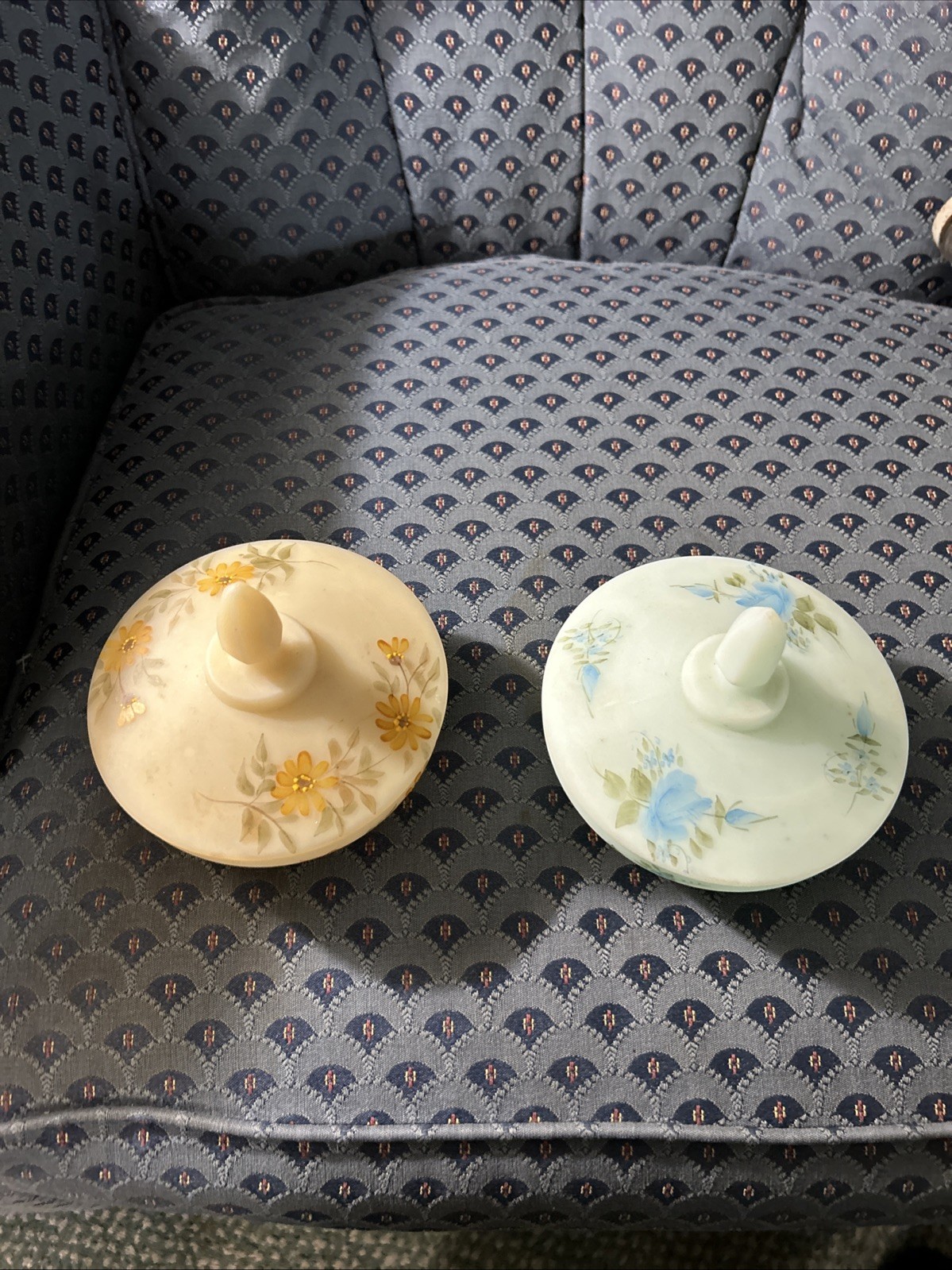 2 Vintage Fenton Satin Blue Yellow Custard Candy Dish W Lid Hand Painted Flowers 2 Vintage Fenton Satin Blue Yellow Custard Candy Dish W Lid Hand Painted Flowers