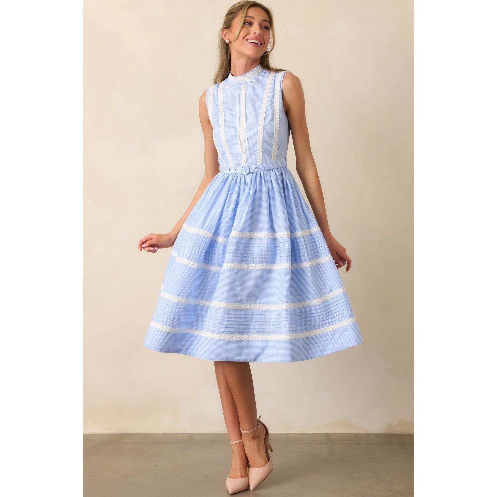 NWT Prosperina Emma Blue Micro Gingham Cotton Ribbon Trim Dress / Sizes S, M & L