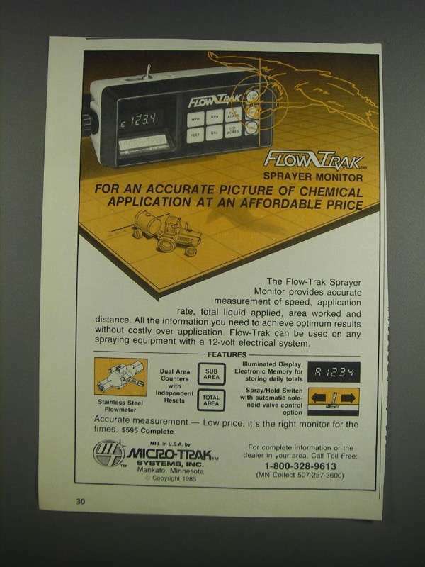 1985 Micro-Trak Flow-Trak Sprayer Monitor Ad - Accurate Picture 1985 Micro-Trak Flow-Trak Sprayer Monitor Ad - Accurate Picture