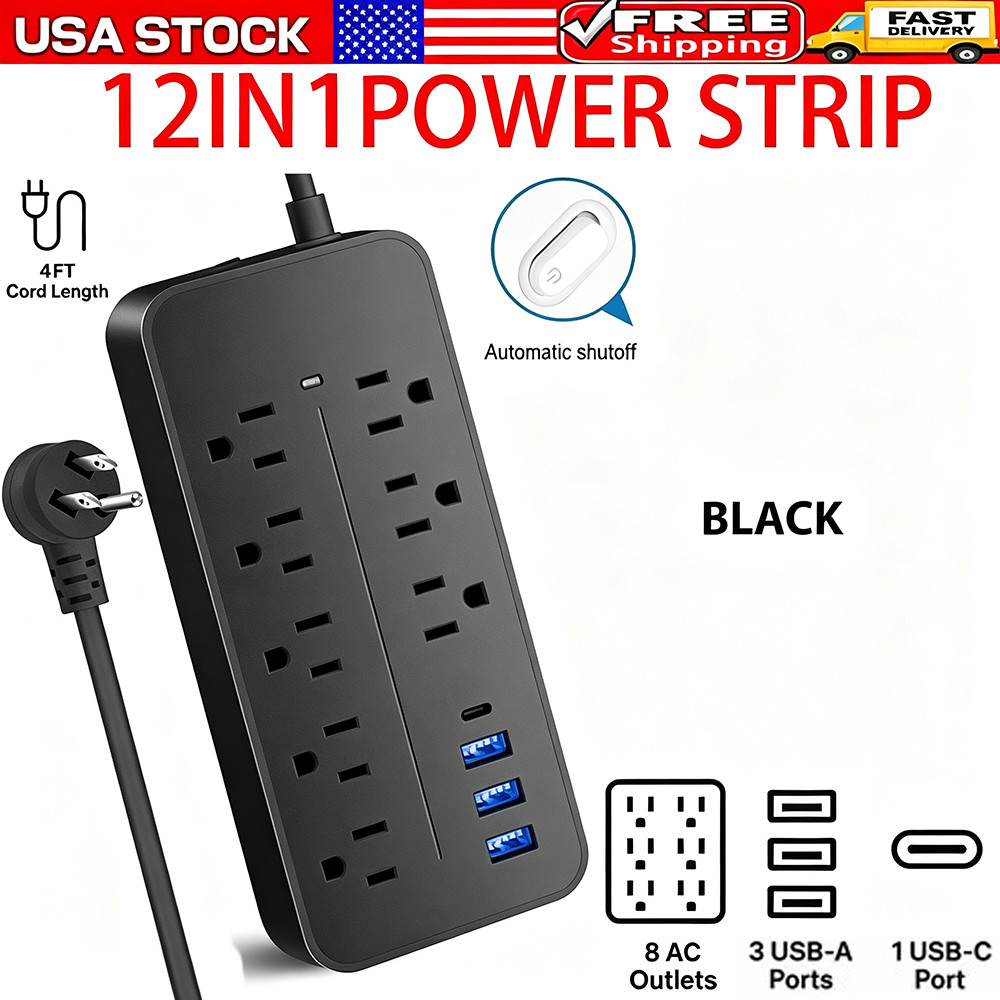 US Power Strip Surge Protector 8 AC Outlets 3 USB Ports + Type C Port 4 FT Cable US Power Strip Surge Protector 8 AC Outlets 3 USB Ports + Type C Port 4 FT Cable