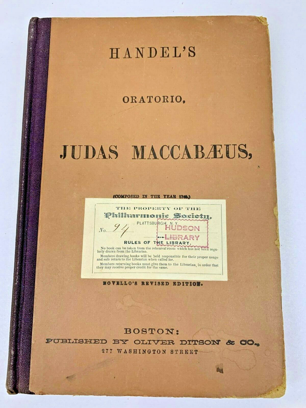 Handel\'s Oratorio Plattsburgh Philharmonic Music Vocal Score Oliver Ditson Co. Handel\'s Oratorio Plattsburgh Philharmonic Music Vocal Score Oliver Ditson Co.