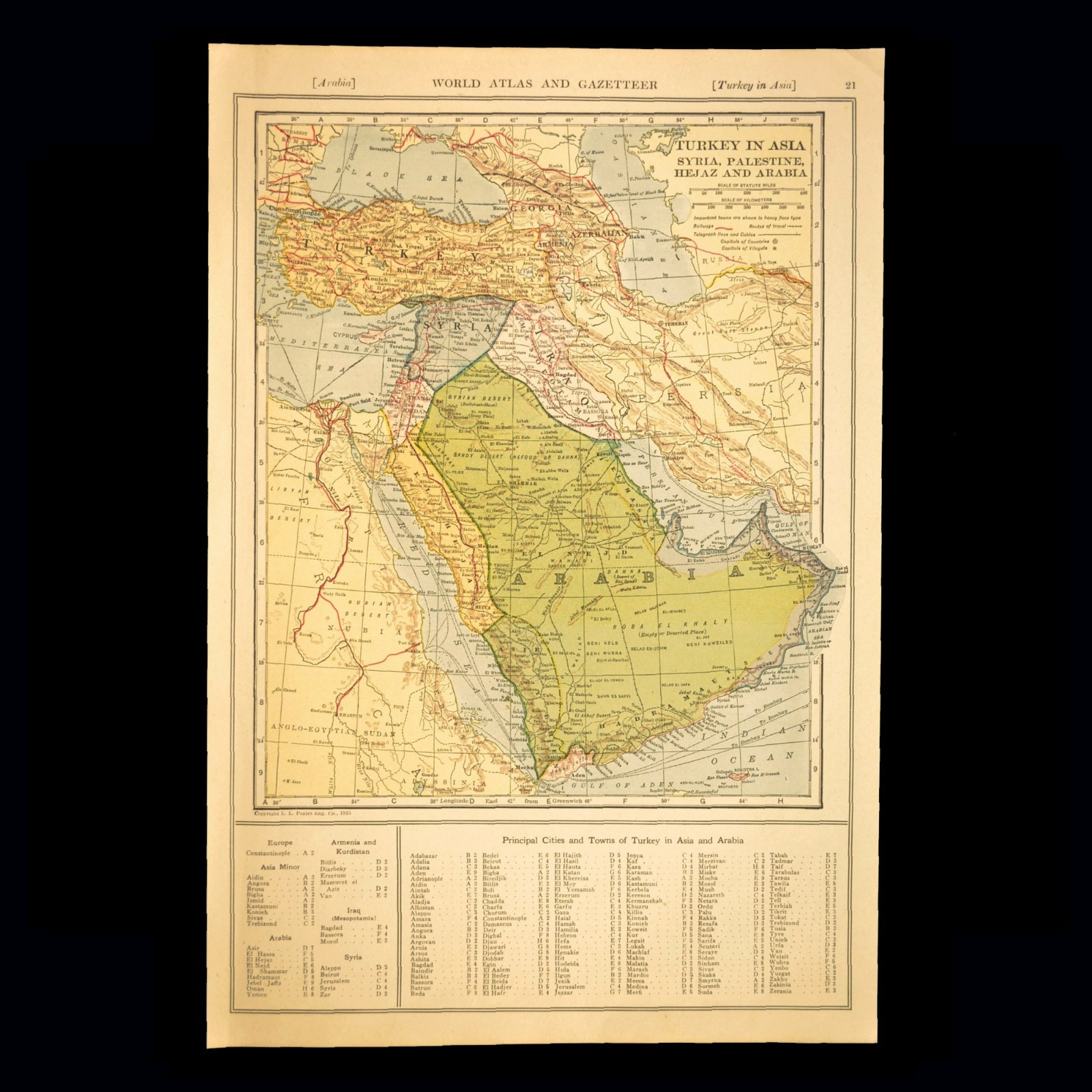 1925 Vintage ARABIA Map Mecca Turkey Persian Gulf Persia Palestine Old Antique