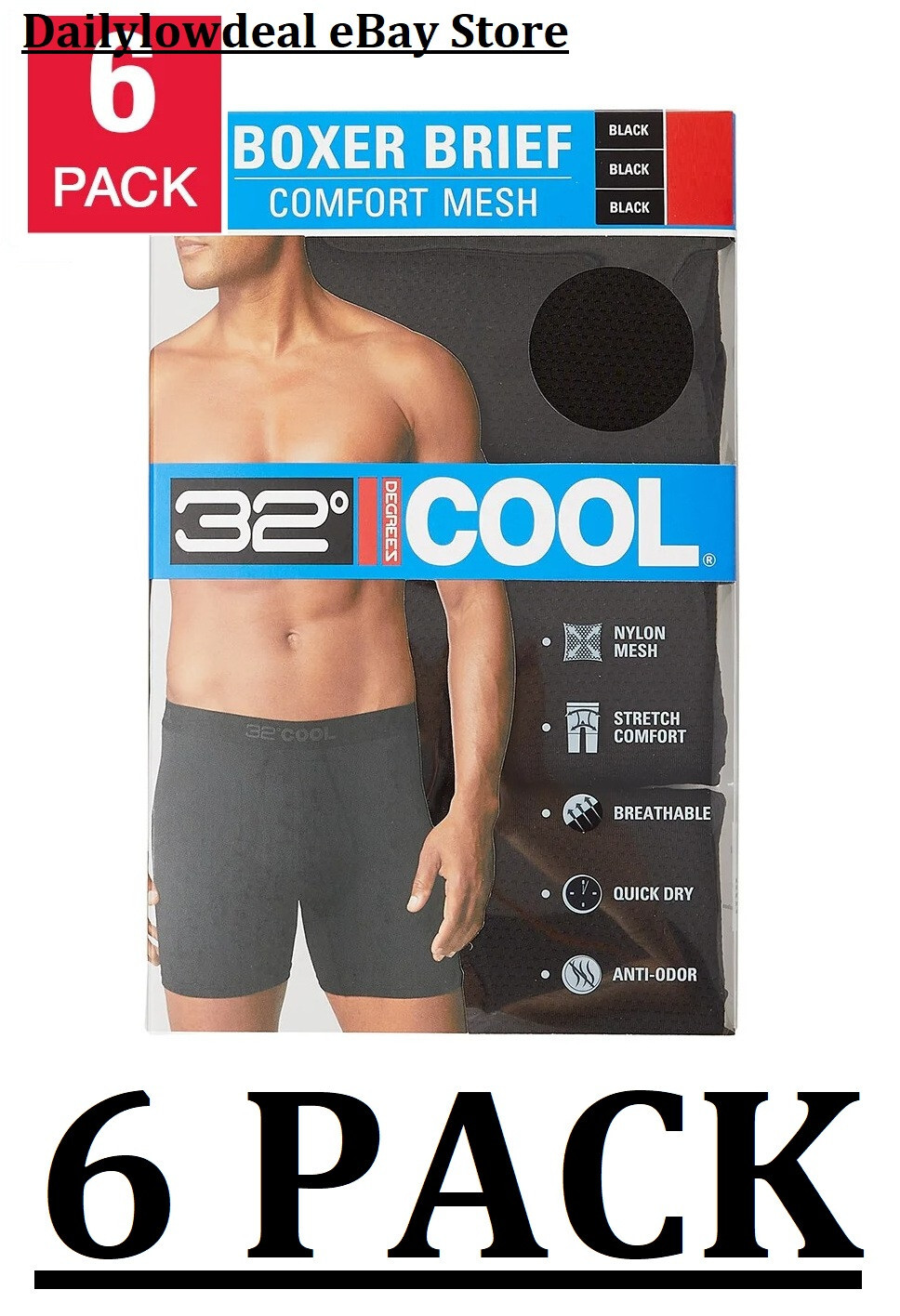 6 Pack - 32 Degrees Cool Men\'s Comfort Mesh Boxer Brief Black S, M, L, XL, XXL