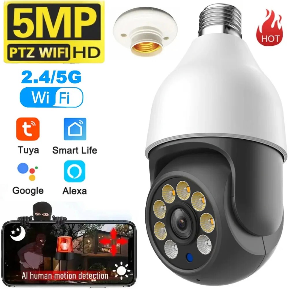 TUYA 5MP 5G Bulb Camera E27 WiFi Smart PTZ CCTV Outdoor Indoor Video Bulb Camera