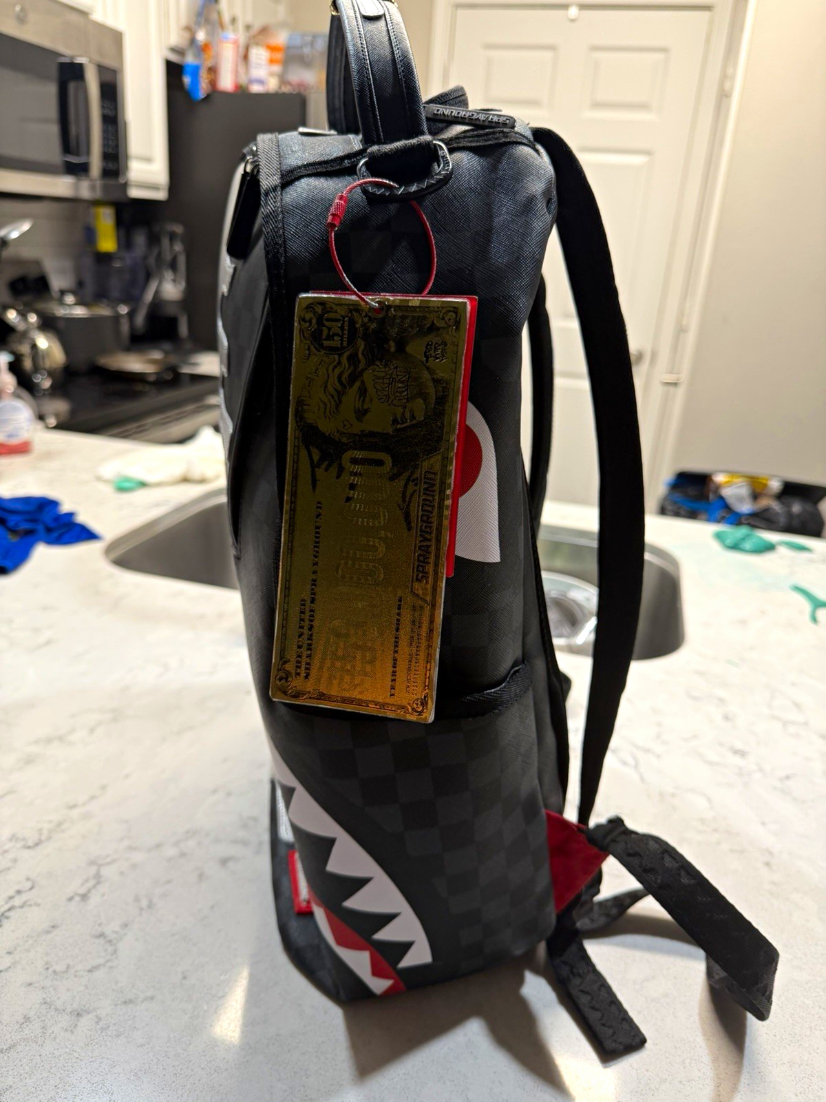 Sprayground Shark Mouth Checkered Backpack Black/Silver w/ Red White Sprayground Shark Mouth Checkered Backpack Black/Silver w/ Red White