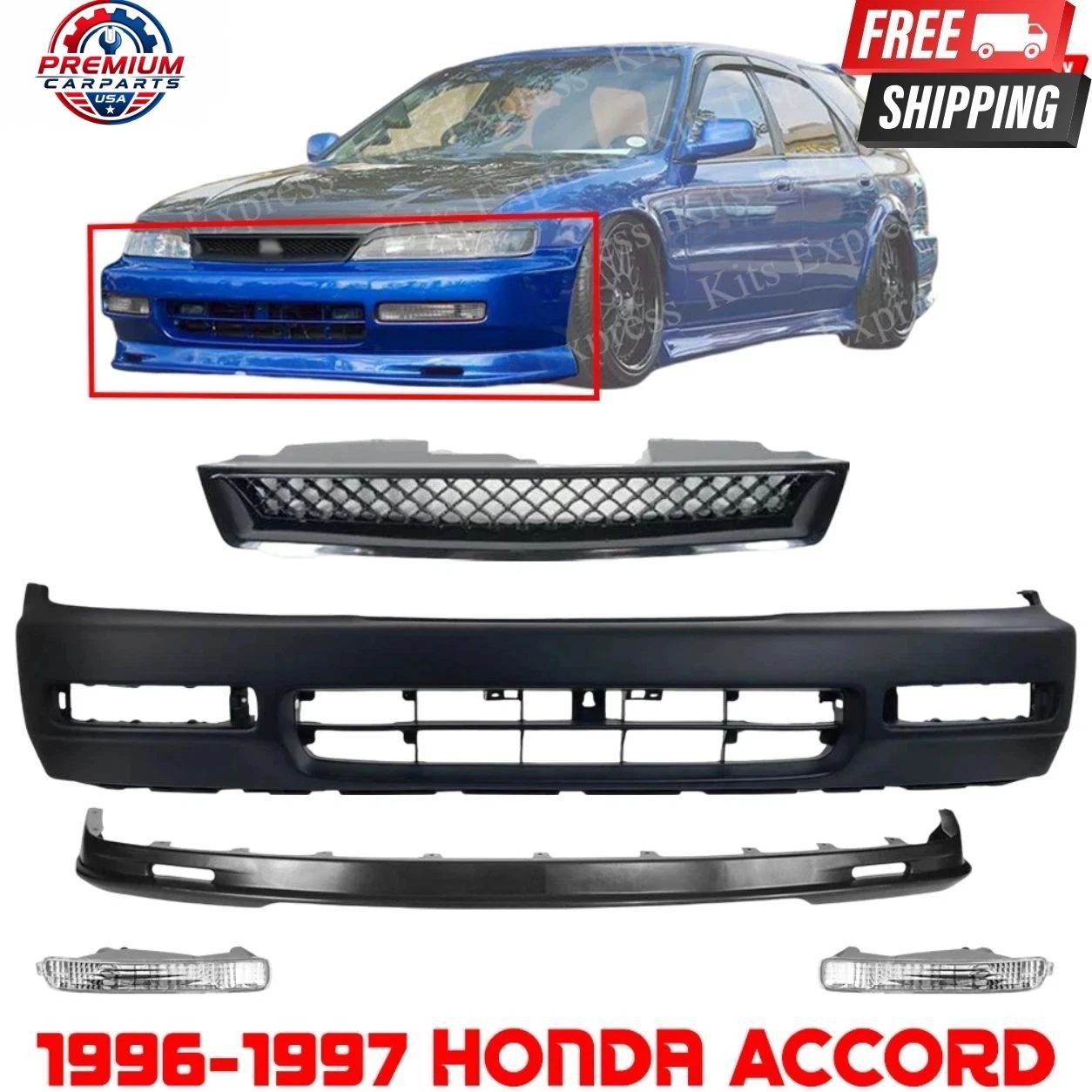 Front Bumper Cover Primed & Upper Grille & Signal Lamps For 1996-97 Honda Accord Front Bumper Cover Primed & Upper Grille & Signal Lamps For 1996-97 Honda Accord