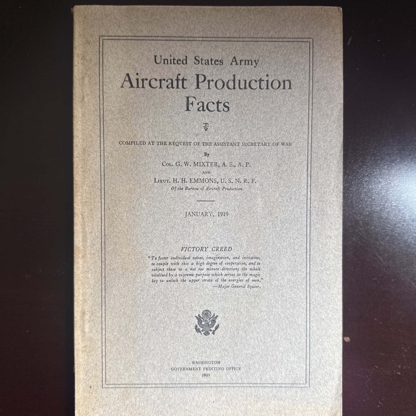 WWI 1919 United States Army Aircraft Production Facts Booklet Secretary of War