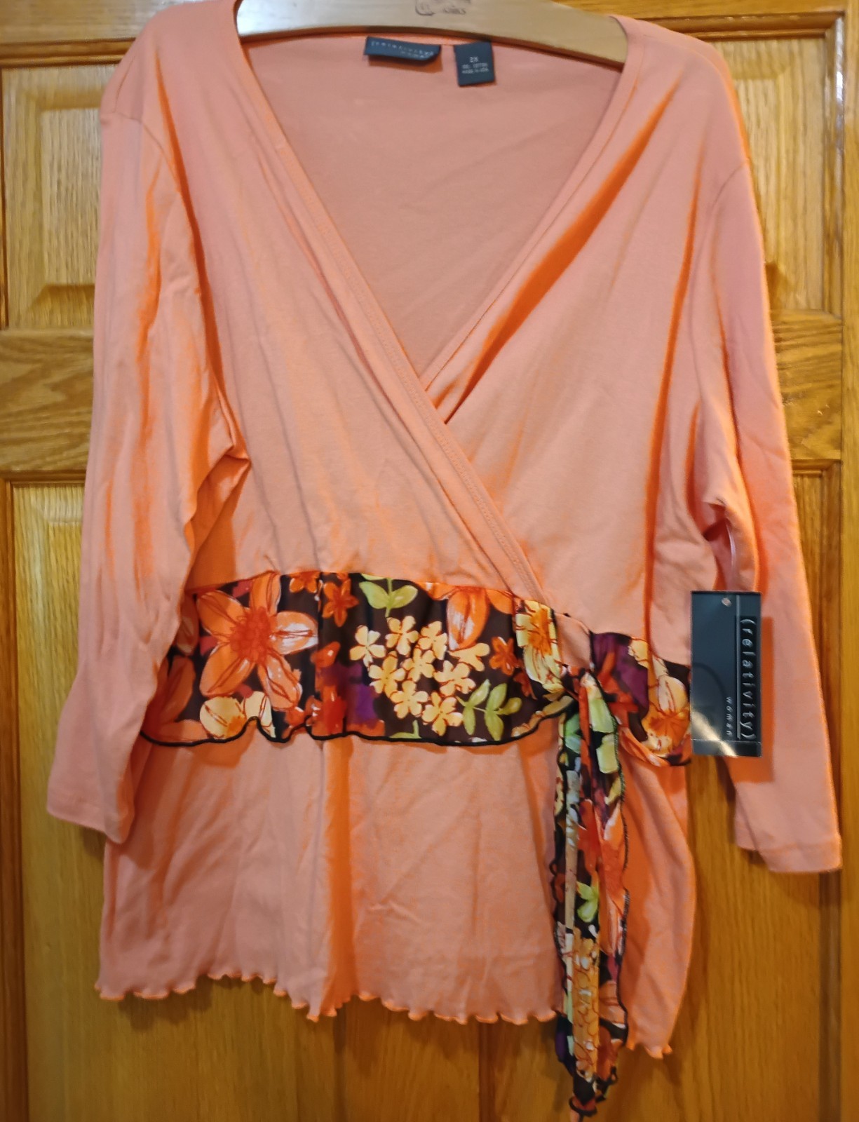 NWT Relativity Plus Size 2X Blouse Peach Long Sleeve Wrap Tunic Floral Belt 100%