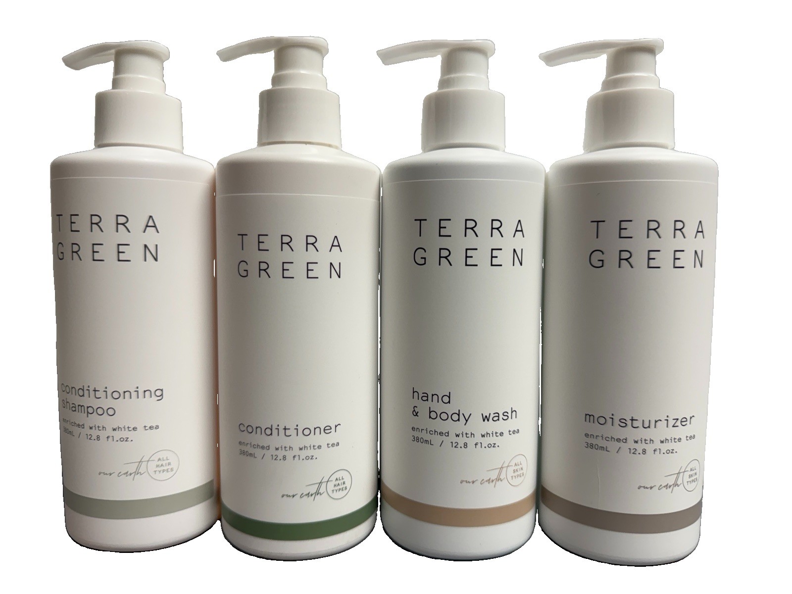 Terra Green WHITE TEA Collection Shampoo Conditioner Body Wash Lotion Set 4 PACK