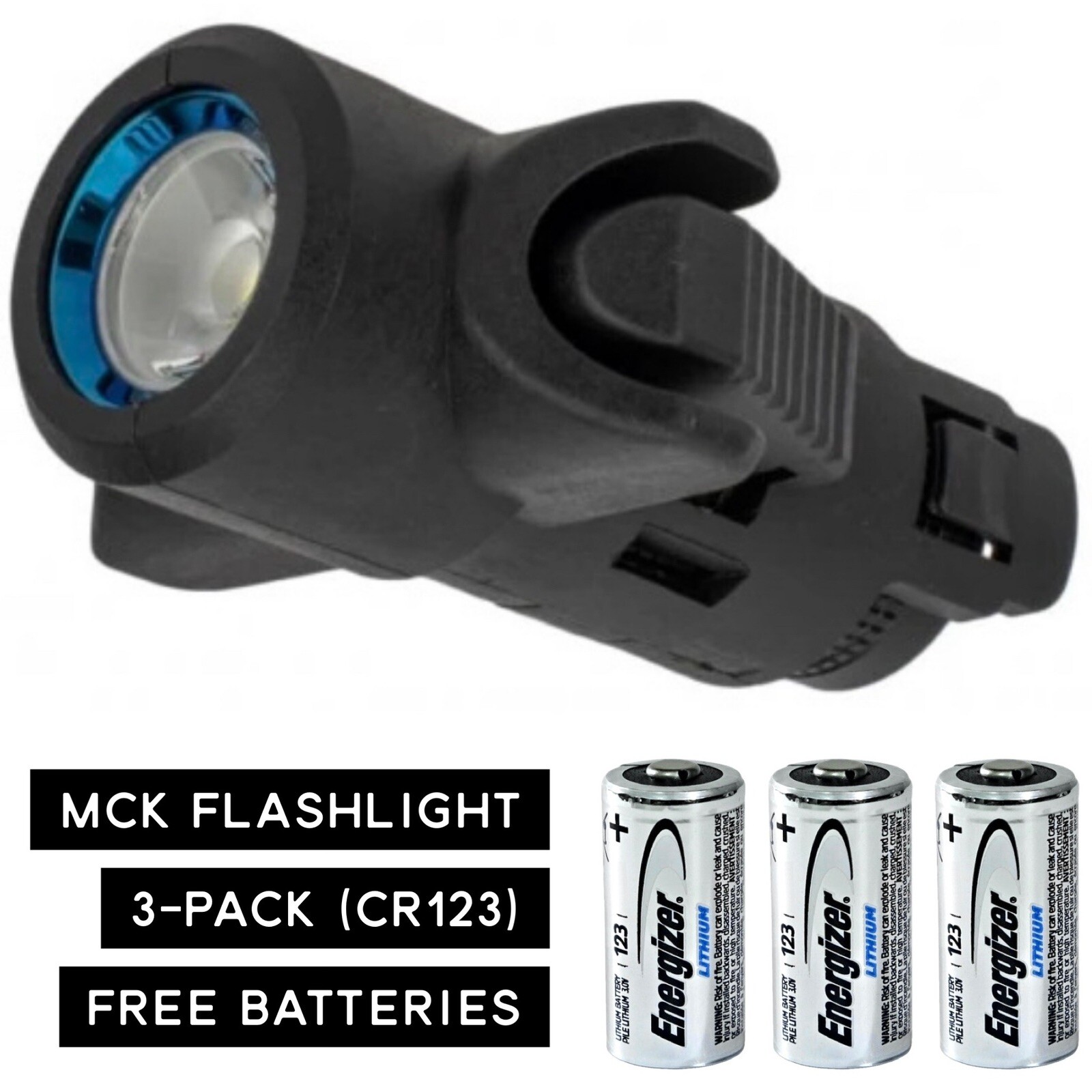 (4 PIECE) MCK FLASHLIGHT and 3 BATTERIES CR123, Fits All Gens CAA MCK Micro Roni (4 PIECE) MCK FLASHLIGHT and 3 BATTERIES CR123, Fits All Gens CAA MCK Micro Roni
