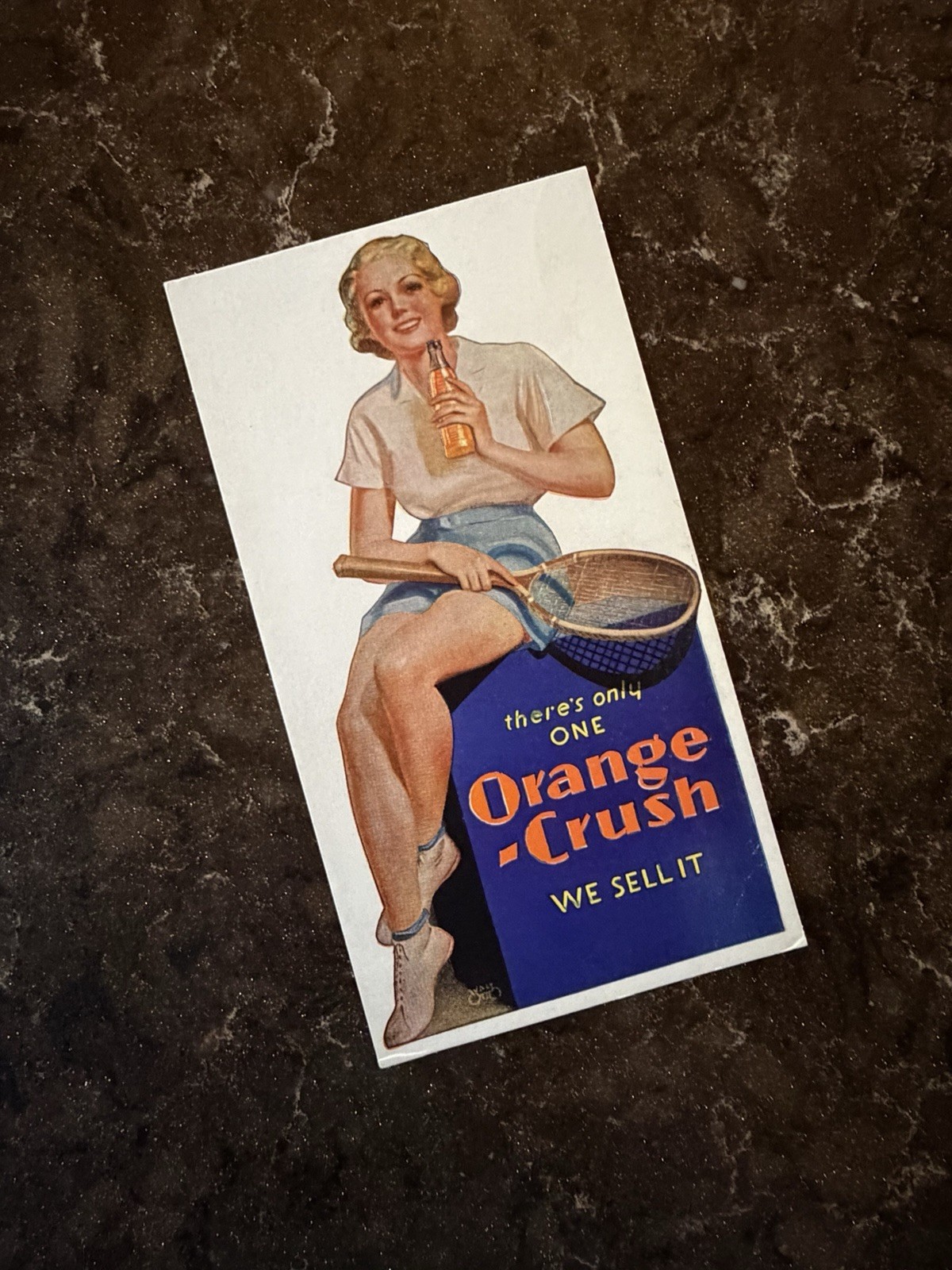 Vintage 1930's ORANGE CRUSH Soda Advertising INK BLOTTER Sign - Tennis Girl