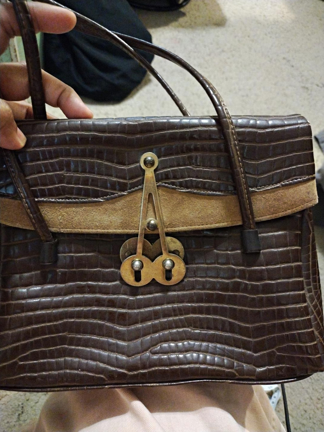 Vintage 1940s Brown Crocodile Alligator Skin Handbag Brass Clasp Purse 10\